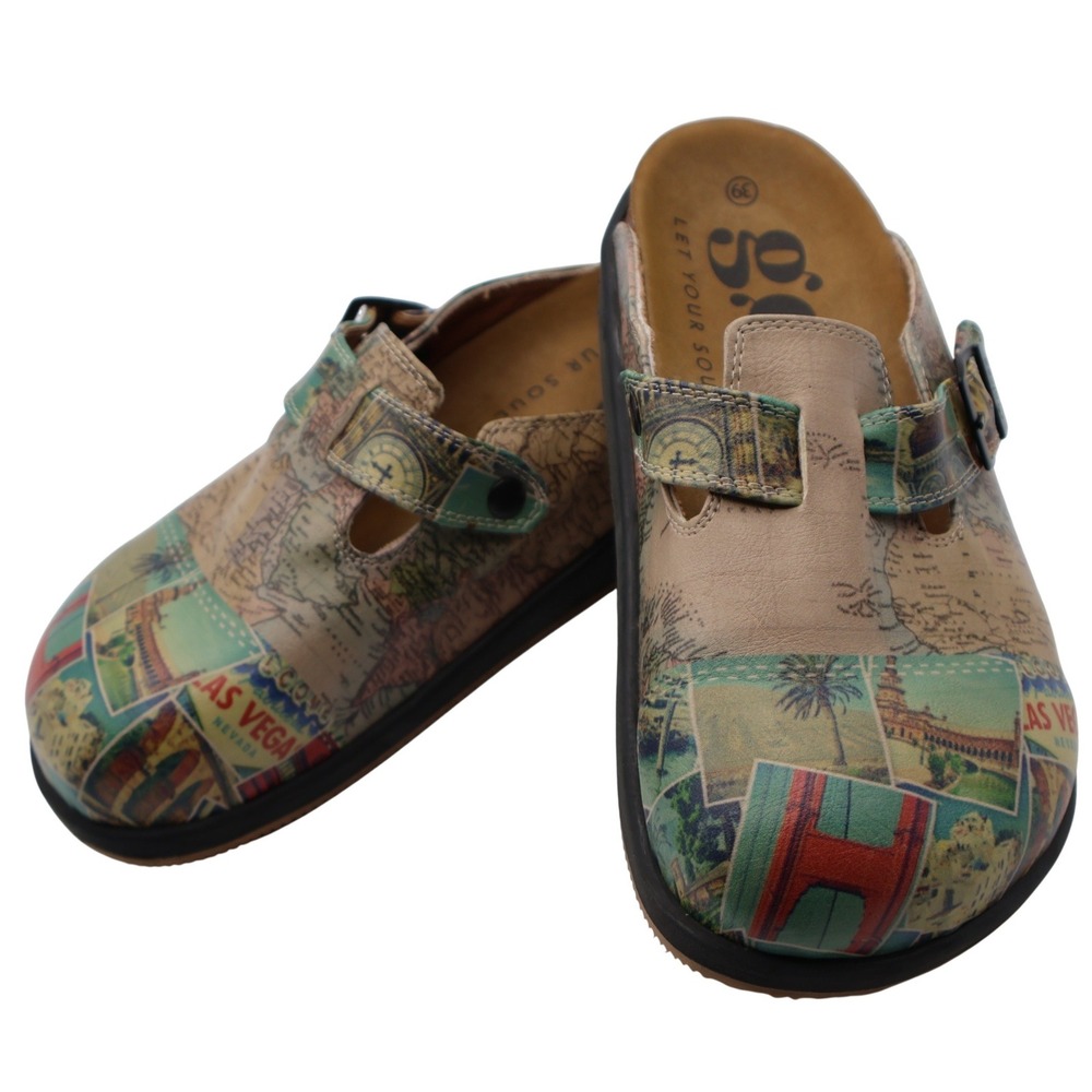 Goby Vegas Print Vegan Leather Clogs Mules 8.5 Multicolor Women 39 Boho Eclectic